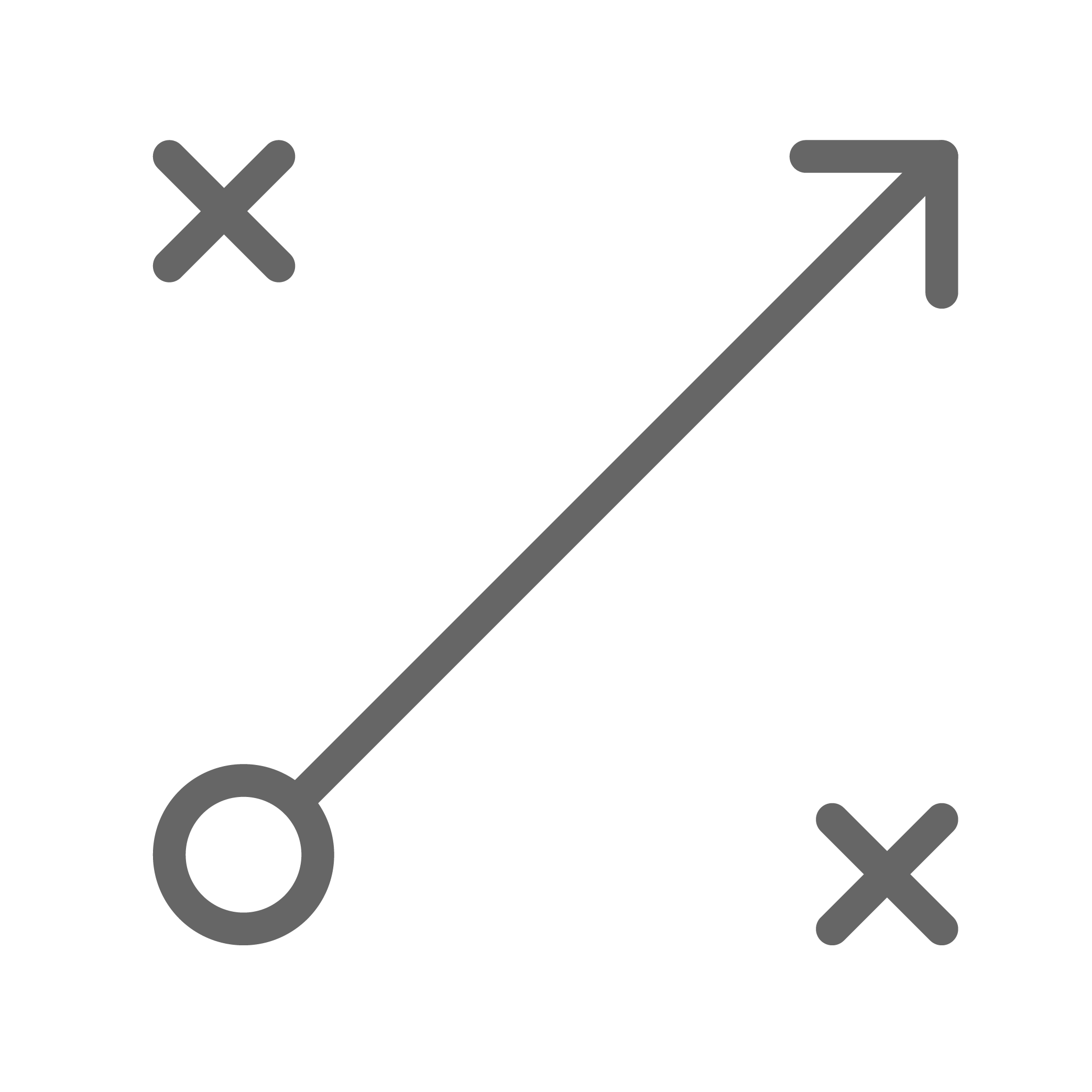 Gray circle connected to a diagonal arrow pointing up right, with two small X marks